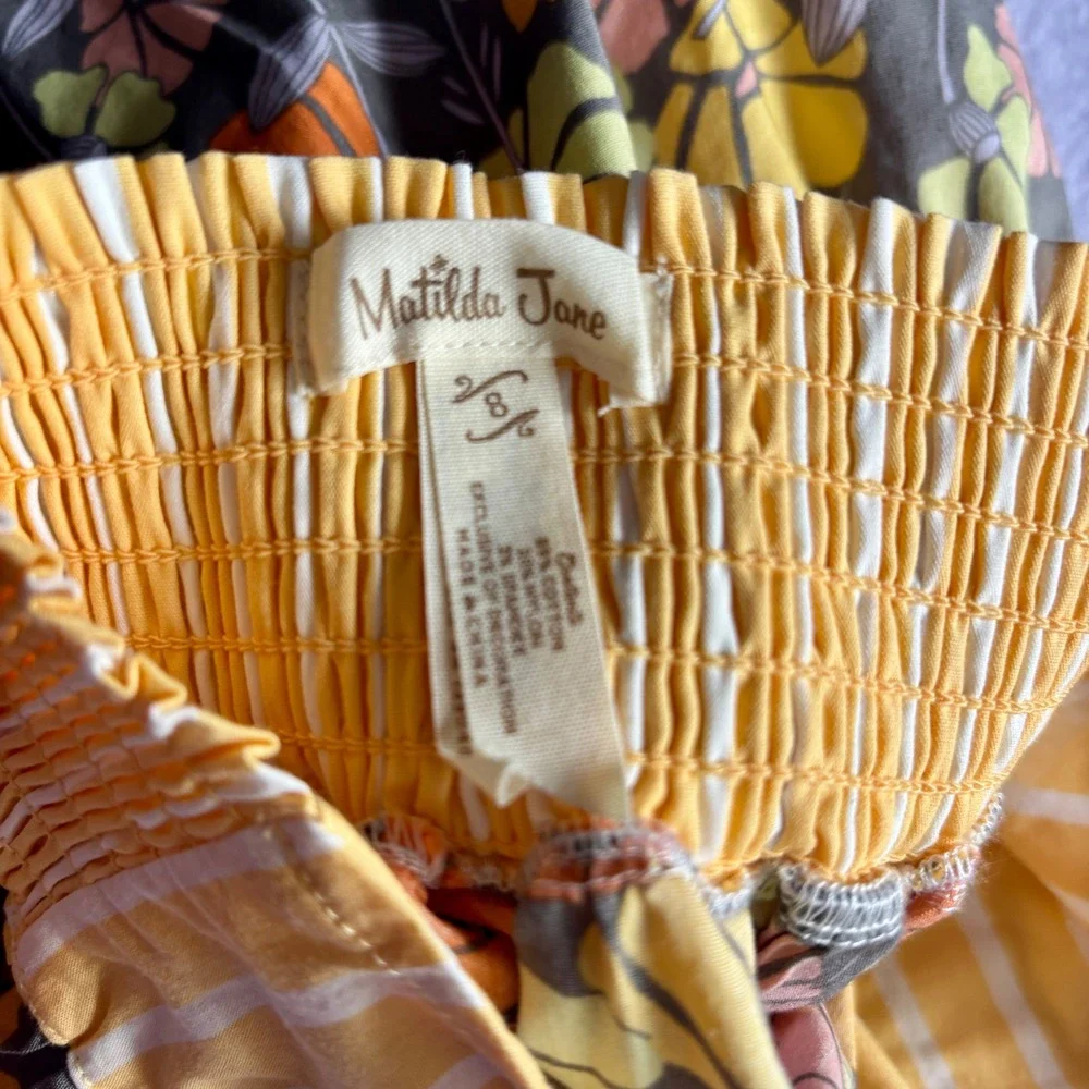 Matilda Jane Girls Size 8 Floral Striped Halter Dress Mixed Print Boho Yellow